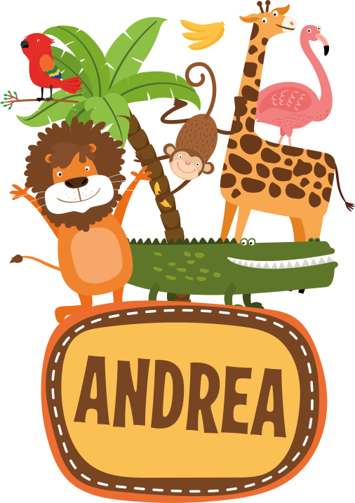 Aflombra vinílica animales árbol de la selva con nombre - TenVinilo
