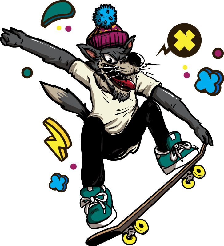 Aflombra vinílica animales lobo sobre patineta - TenVinilo