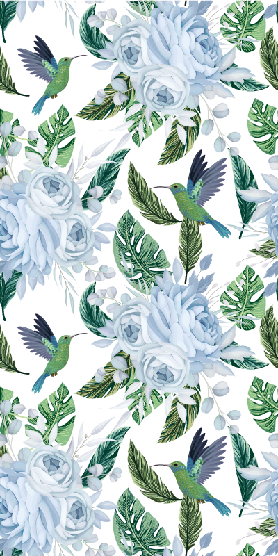 Alfombra vinílica flores jardín azul con aves - TenVinilo