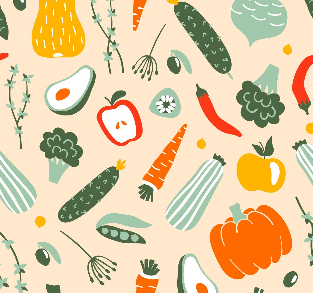 Alfombra vinílica cocina patrón de alimentos beige - TenVinilo