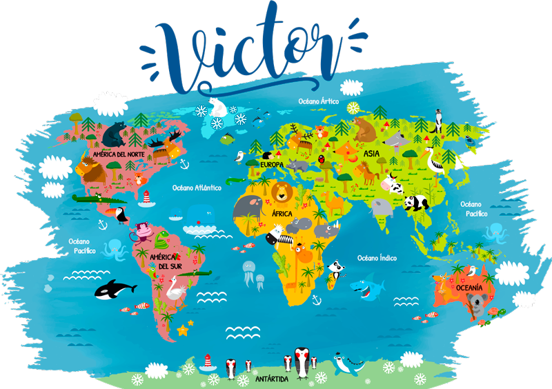 Alfombra vinílica mapamundi animales del mundo - TenVinilo