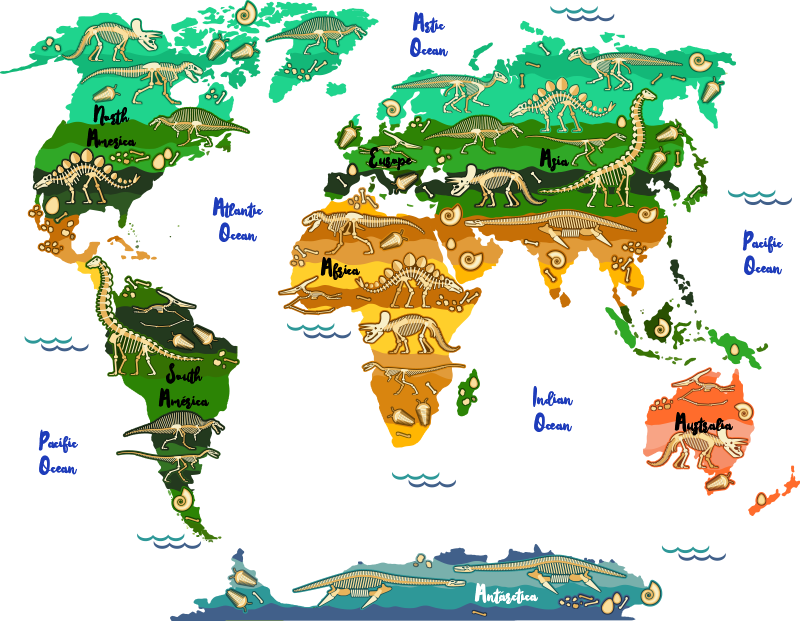 Alfombra vinílica mapamundi dinosaurios con nombre inglés - TenVinilo