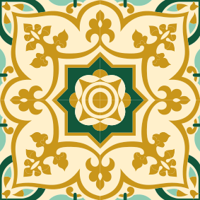 Alfombra vinílica baño patrón azulejos verdes y dorados - TenVinilo