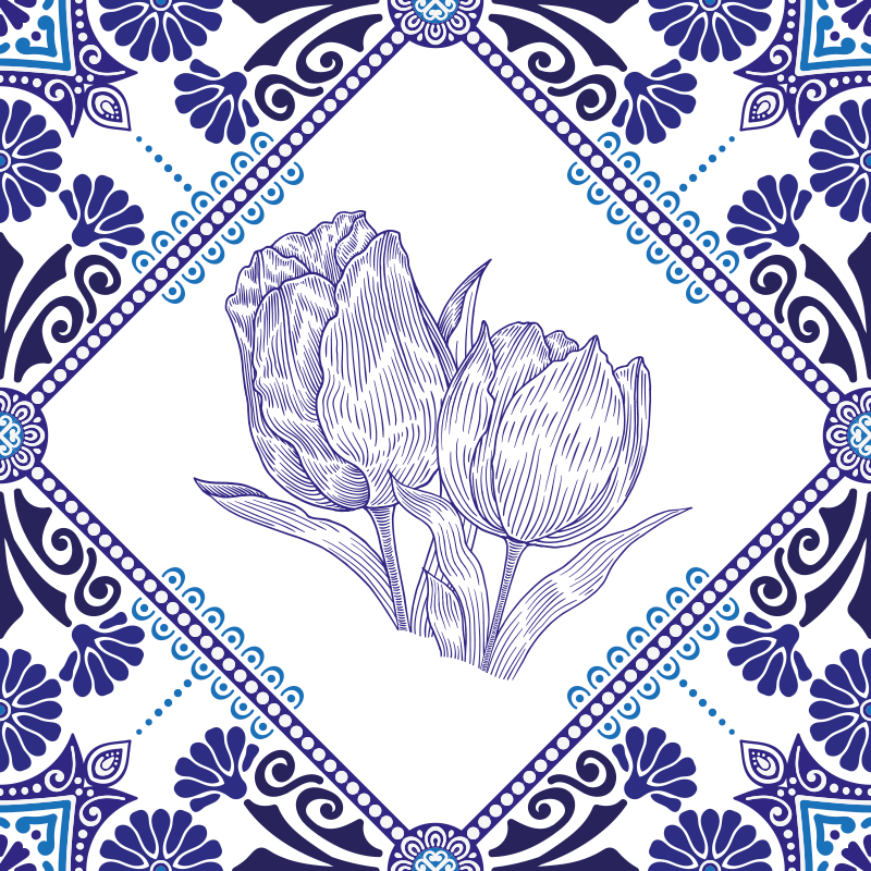 Alfombra vinílica cocina tulipanes azules de delft - TenVinilo