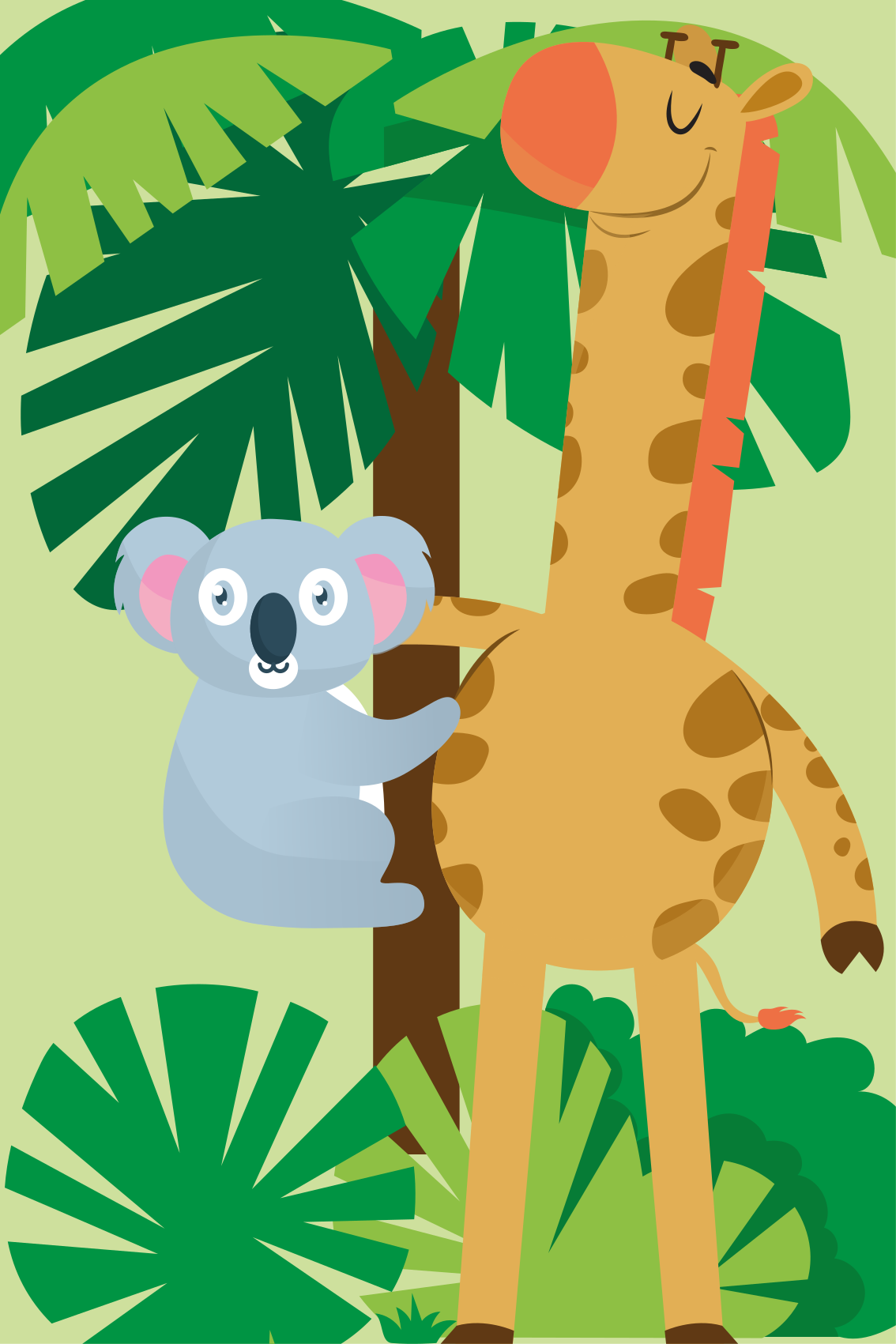 Alfombra vinílica infantil koalas abrazando a jirafa - TenVinilo