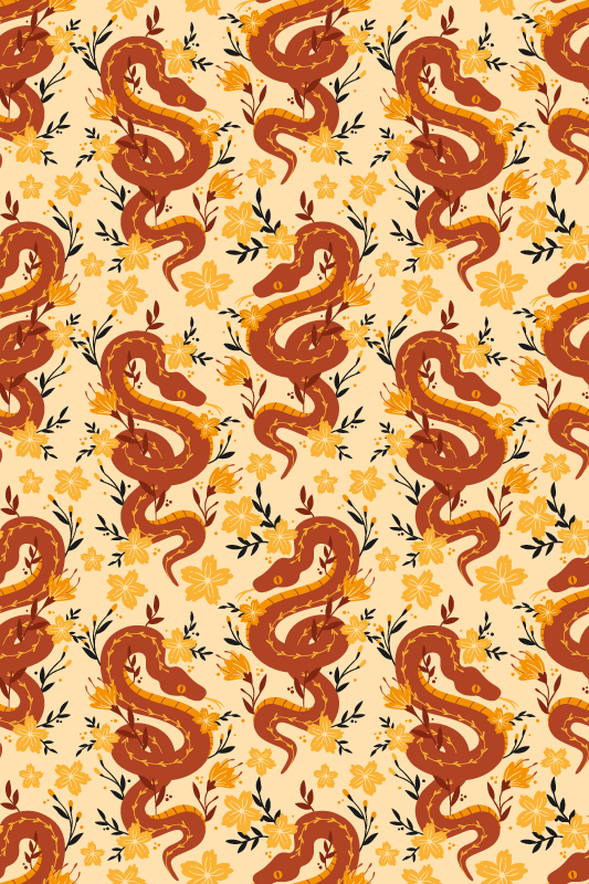 Alfombra vinílica naranja serpiente con flores silvestres - TenVinilo