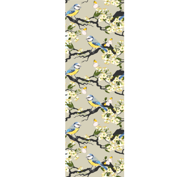 Papel pintado flores Pájaros y mariposas en los árboles. - TenVinilo
