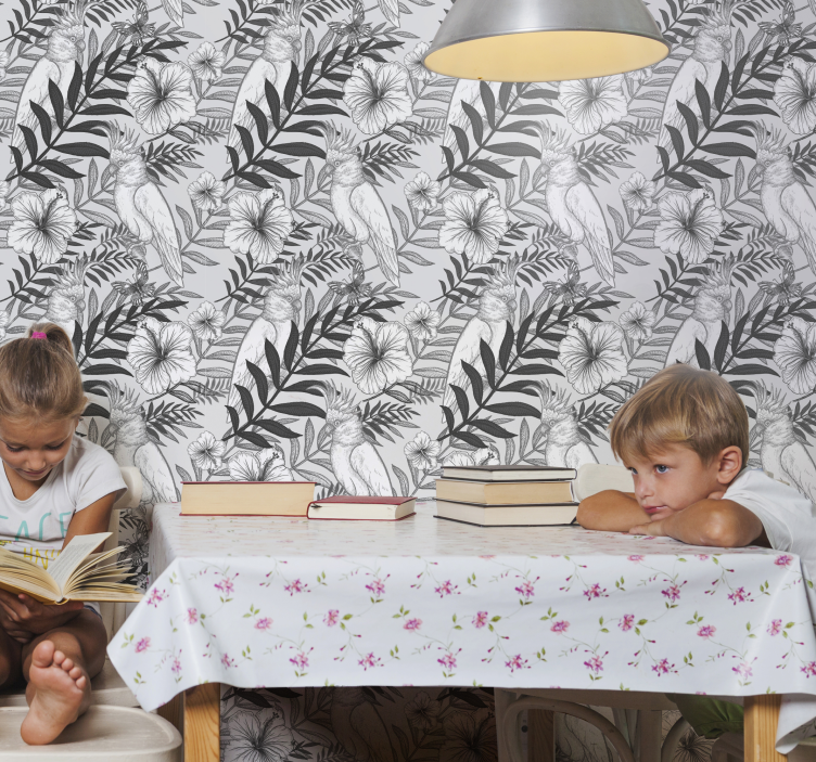 Papel tapiz selva boceto floral monocromático - TenVinilo