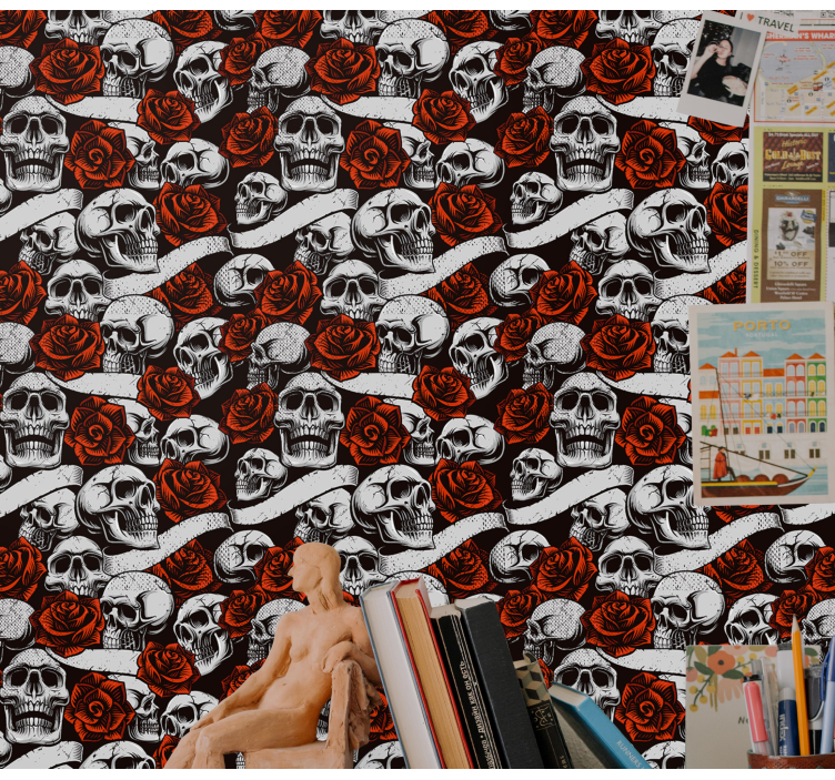 Papel tapiz arte calaveras góticas florales - TenVinilo