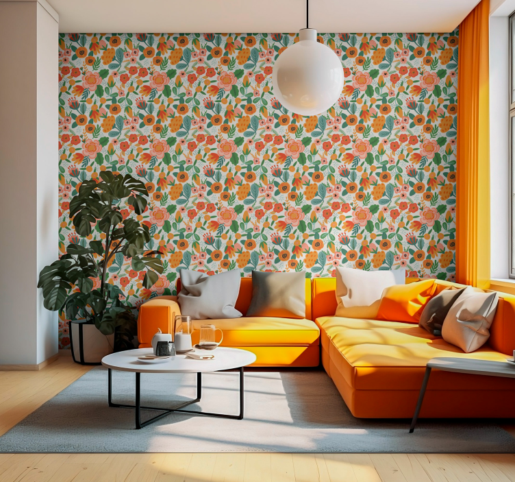 Papel pintado floral Patrón de estilo popular rojo y naranja - TenVinilo