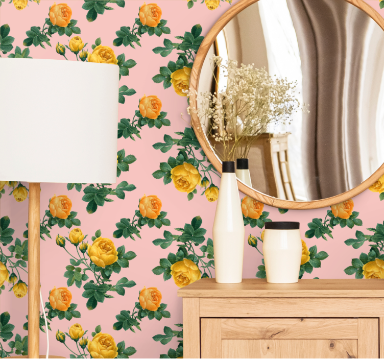 Papel pintado floral Rosas amarillas y hojas verdes - TenVinilo