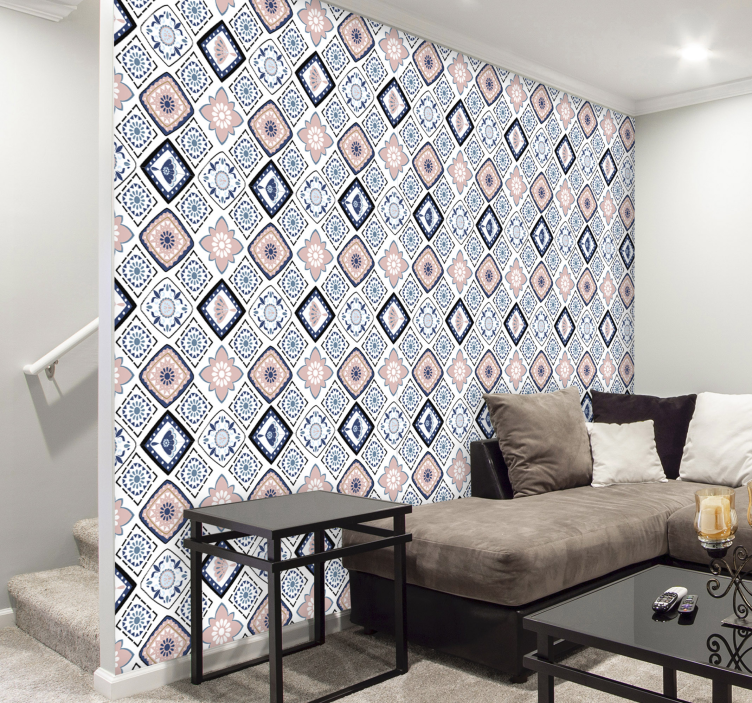 Papel pintado de flores de color rosa y azul claro - TenVinilo