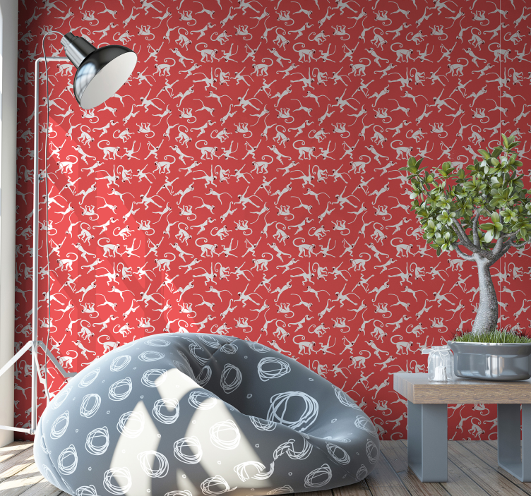 Papel pintado rojo de selva con monos - TenVinilo