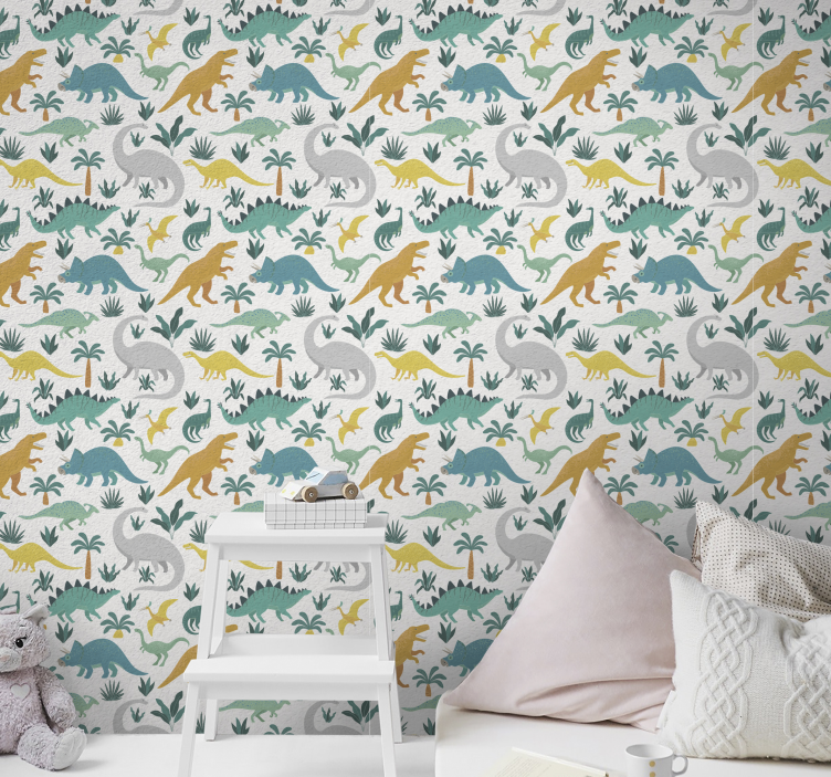Papel pintado infantil dinosaurios y plantas - TenVinilo