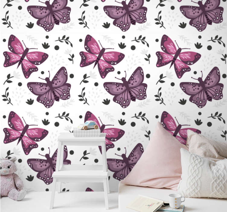 Papel pintado infantil Patrón de mariposa punteada rosa - TenVinilo