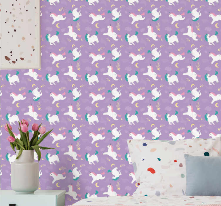 Papel pintado infantil Patrón de unicornio con luna - TenVinilo