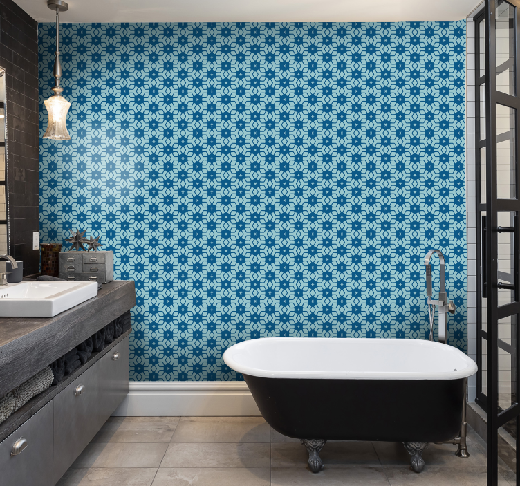 Papel pintado baño azul geométrico con estrellas - TenVinilo