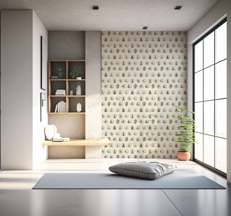 Papel tapiz beige iconos marrones de yoga - TenVinilo