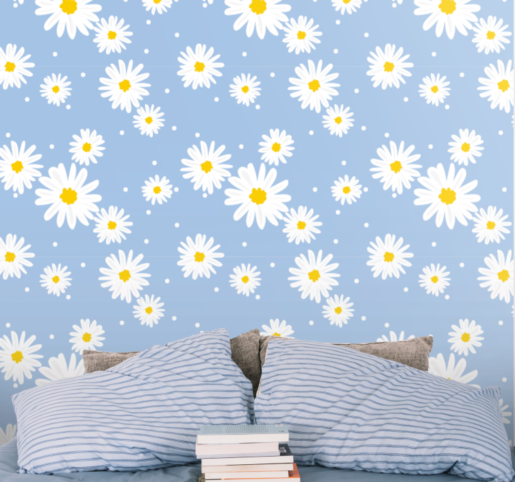 Papel pintado flores Flores blancas con fondo azul - TenVinilo