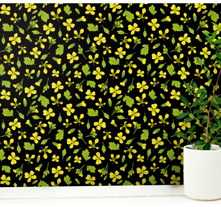 Papel pintado flores Fondo negro con amarillo - TenVinilo