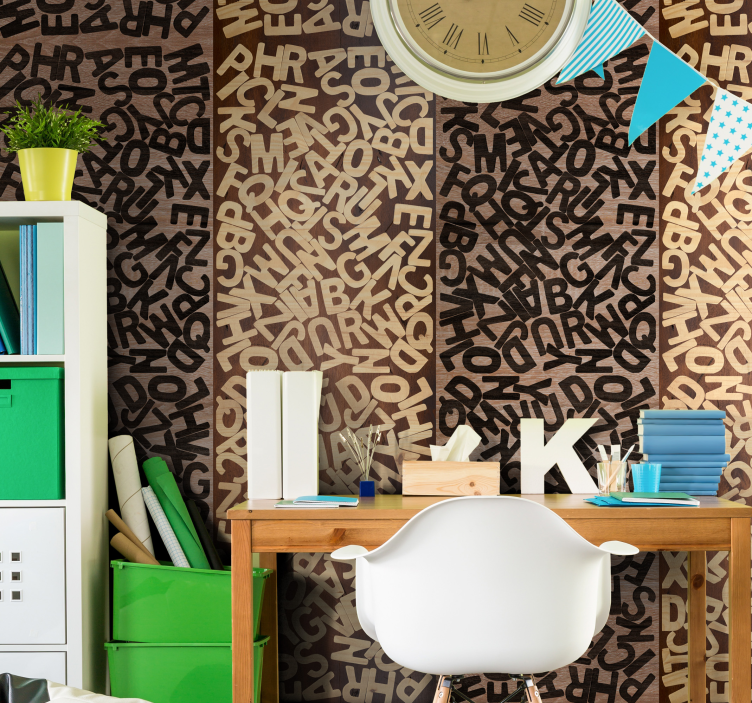 Papel pintado juvenil efecto madera con letras - TenVinilo