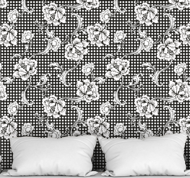 Papel pintado salón Patrón de cuadros vichy vintage en blanco y n - TenVinilo