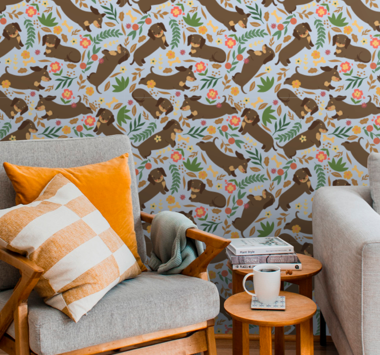 Papel tapiz perros patrón floral de elefante - TenVinilo