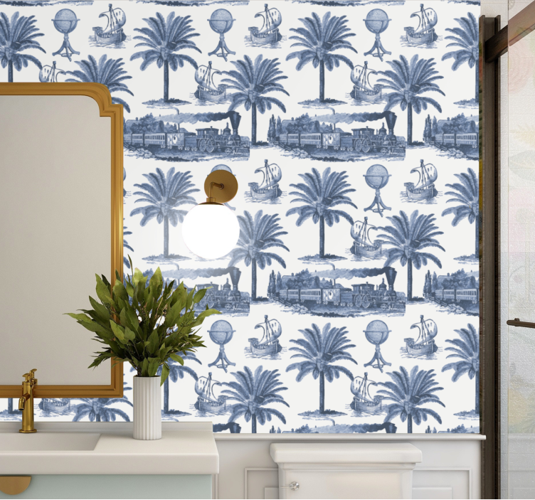 Papel tapiz barroco palmeras y trenes azules - TenVinilo