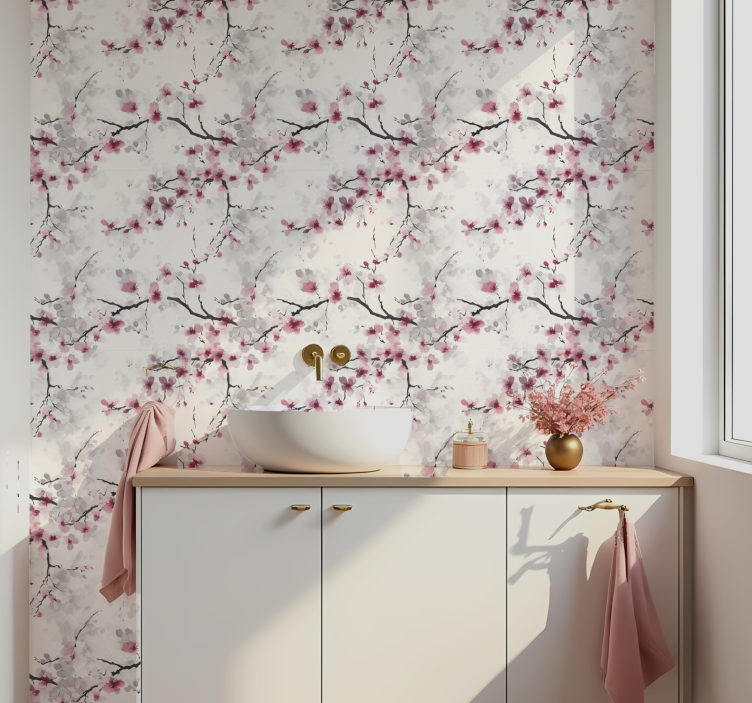 Papel tapiz baño fondo de pantalla de flor de cerezo rosa - TenVinilo