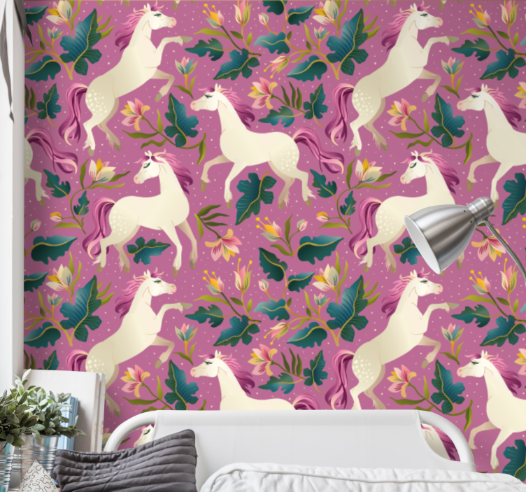 Papel tapiz caballos diseño floral de unicornio - TenVinilo