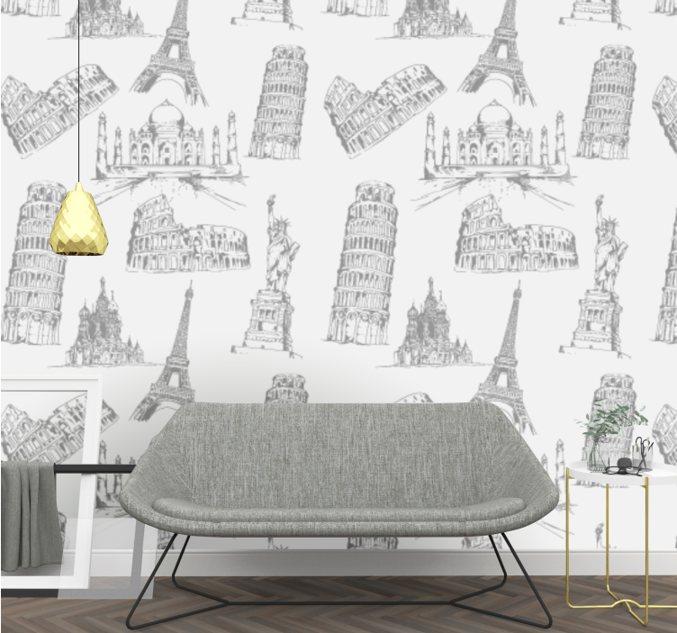Papel tapiz ciudades patrón de monumentos más famosos - TenVinilo