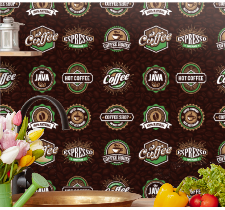 Papel tapiz cocina patrón de emblema de café - TenVinilo