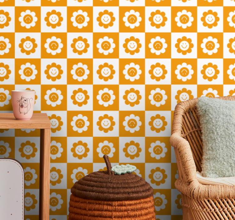 Papel tapiz floral patrón de flores sonrientes - TenVinilo