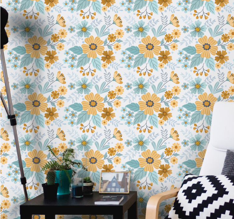 Papel tapiz flores arreglo floral de mariposas - TenVinilo