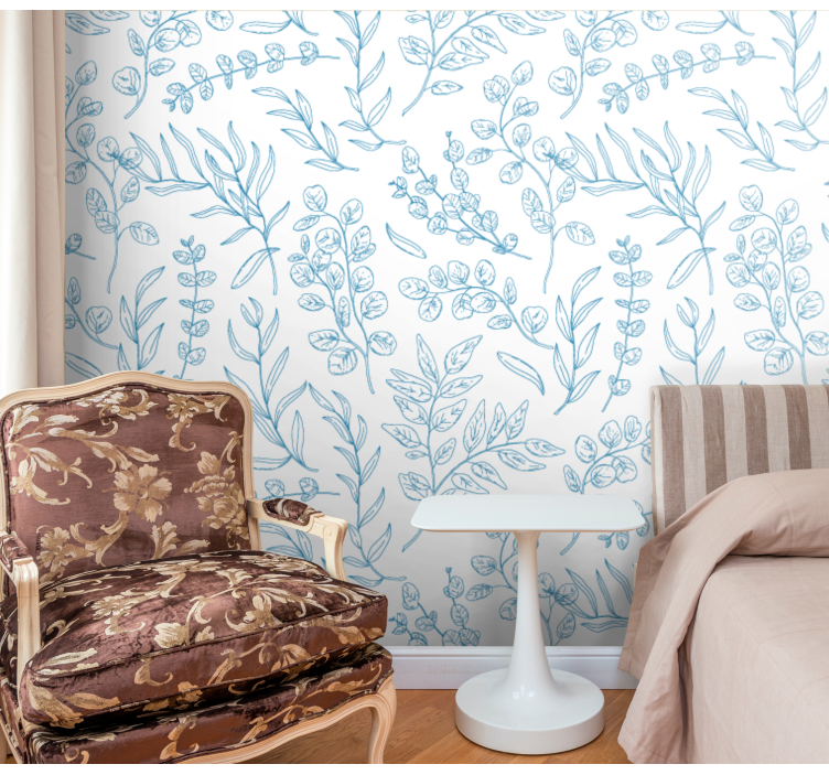 Papel tapiz hojas diseño de boceto floral - TenVinilo