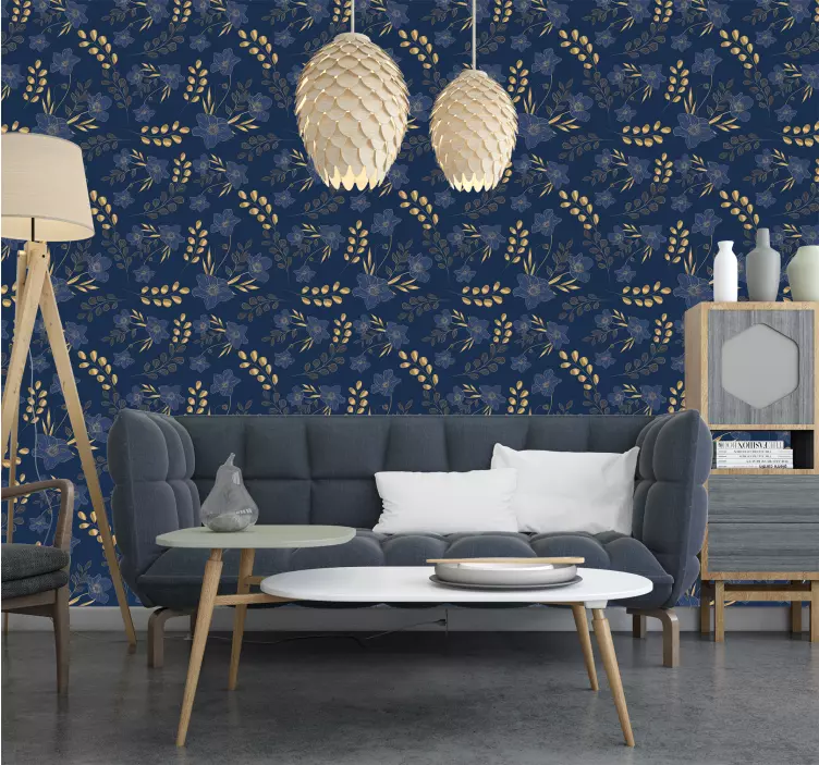 Papel tapiz navy patrón de flores doradas - TenVinilo
