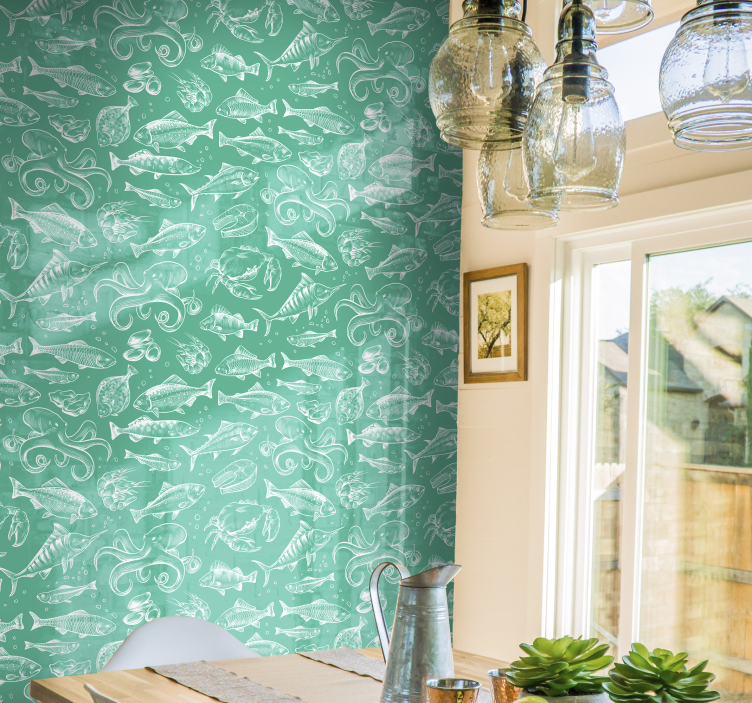 Papel tapiz peces patrones de vida marina - TenVinilo