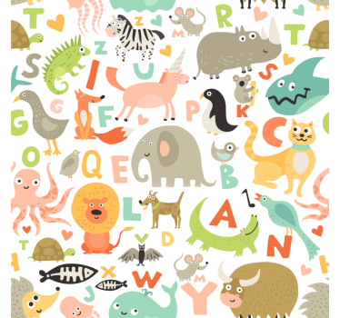 Papel tapiz animales abecedario con dibujos infantiles - TenVinilo