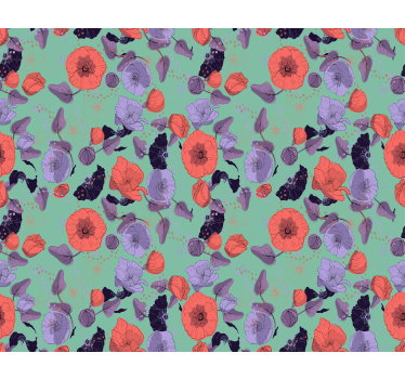 Papel tapiz flores amapolas azules y rojas - TenVinilo