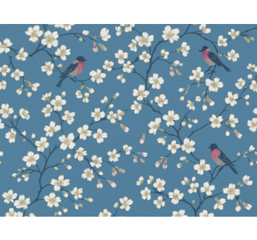 Papel tapiz flores aves del huerto azul - TenVinilo