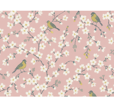 Papel tapiz flores pájaros del huerto rosa - TenVinilo