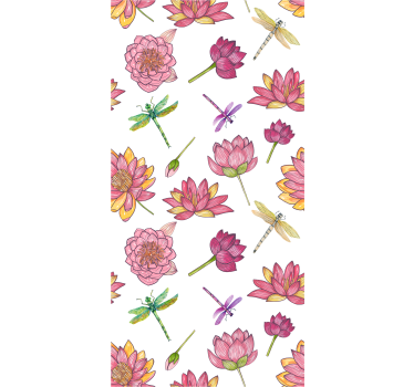 Papel pintado de flores Lotos y libélulas - TenVinilo