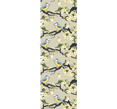 Papel pintado de flores Pájaros y mariposas en los árboles. - TenVinilo
