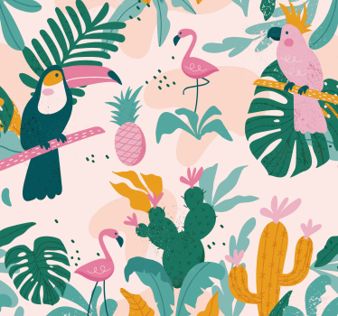 Papel pintado de pájaros Pájaros verdes y hojas sobre fondo rosa - TenVinilo