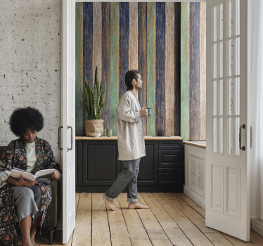 Papel pintado rayas madera laminado azul y marrón - TenVinilo