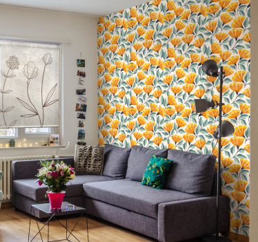 Papel tapiz para sala patrón floral de gingko - TenVinilo