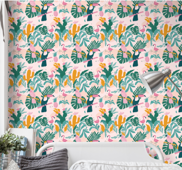 Papel pintado de pájaros Pájaros verdes y hojas sobre fondo rosa - TenVinilo