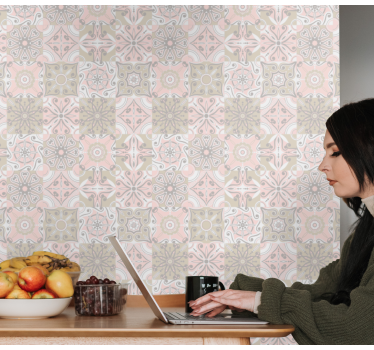Papel pintado azulejos de cocina rosa y gris - TenVinilo