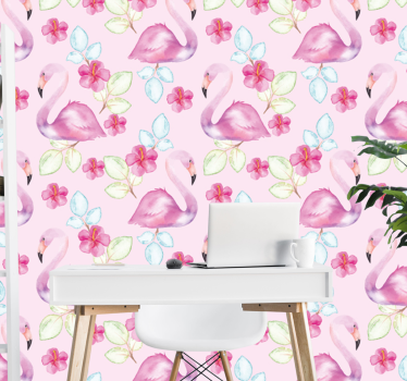 Papel tapiz animales flamencos florales - TenVinilo