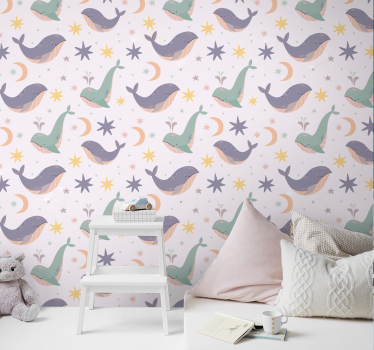 Papel tapiz animales patrones de ballenas caprichosas - TenVinilo